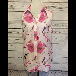 Dress Barn Pink and White Button Down Shirt Breast Cancer symbol